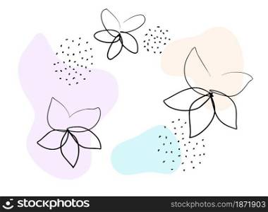 Beautiful modern background with continuous line art flowers, coloured fluid shapes and dots. Vector illustration for your design.. Modern background with continuous line art flowers, coloured fluid shapes and dots. Vector illustration for your design.