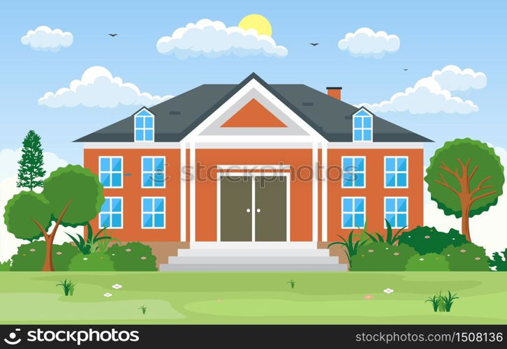 Beautiful Modern House Exterior Facade Yard Residential Illustration