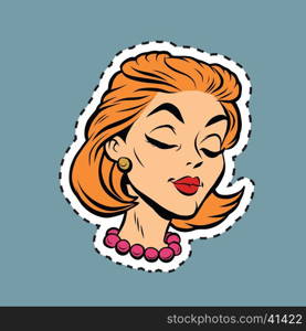 Beautiful modest retro girl head sticker label, pop art comic book vector illustration. The red-haired young woman. The outline for cutting. Emoji face