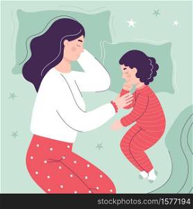 Beautiful mom and daughter are sleeping in bed. The concept of children sleeping together with parents. Flat vector cartoon illustration