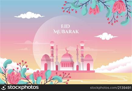 Beautiful Mosque Nature Eid Mubarak Muslim Islamic Celebration Illustration