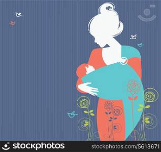 Beautiful mother silhouette with baby in a sling and floral background