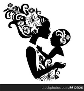 Beautiful mother silhouette with baby in a sling. Floral illustration