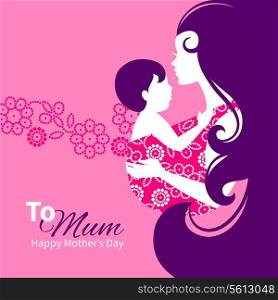 Beautiful mother silhouette with baby in a sling. Floral illustration