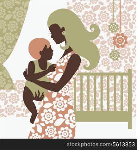 Beautiful mother silhouette with baby in children&rsquo;s room