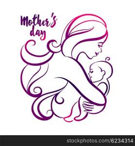 Beautiful mother silhouette with baby. Liner vector logo illustration on white background. Mother day card