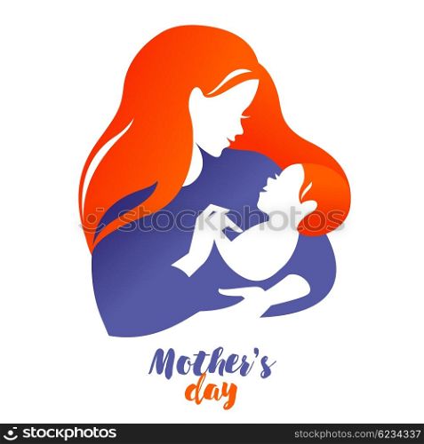 Beautiful mother silhouette with baby. Vector logo illustration on white background