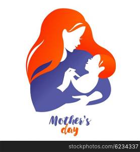 Beautiful mother silhouette with baby. Vector logo illustration on white background