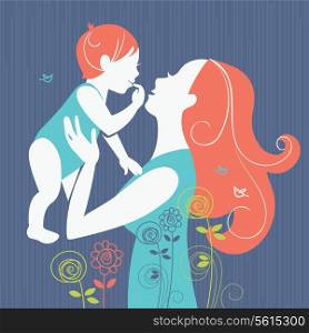 Beautiful mother silhouette with her baby with floral background. Card of Happy Mother?s Day