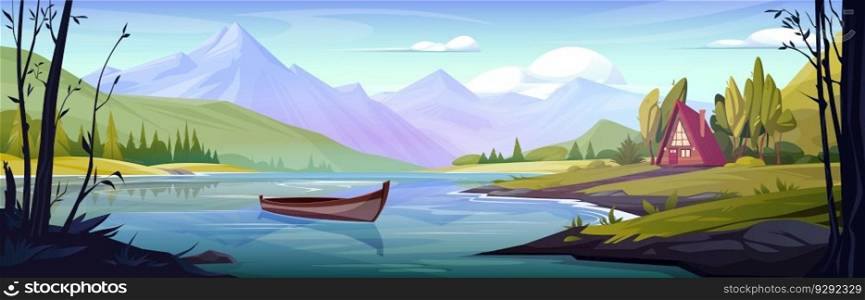 Beautiful mountain landscape with lake. Vector cartoon illustration of spring Alpine nature, wooden boat floating on water, gl&ing hut in green valley, pine forest trees, blue sky with clouds. Beautiful mountain landscape with lake