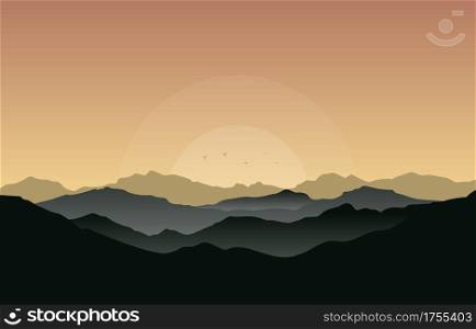 Beautiful Mountain Panorama Landscape in Golden Monochrome Flat Illustration