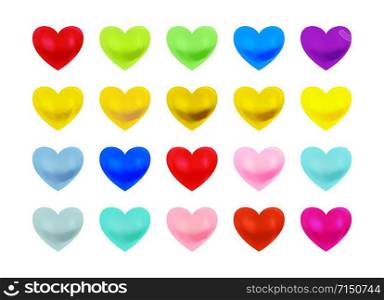 Beautiful multi coloured heart collection isolated on white background, Valentine's Day, wedding, love symbol. Realistic style high quality design element set.