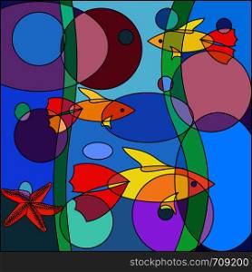 Beautiful multicolored Doodle fish on abstract sea background, in the form of a colorful mosaic
