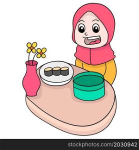 beautiful muslim hijab girl eating iftar