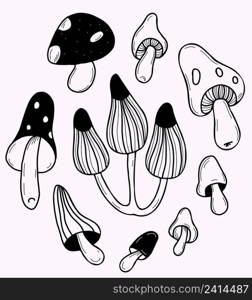 beautiful Mystical mushrooms. Isolated set magic witchcraft esoteric mushrooms. Black and white vector illustration in handmade doodle style