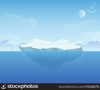 Beautiful natural ice landscape vector graphic illustration. Clear blue sea water with snowy mountain at horizon graphic design. Amazing polar north nature scenery. Beautiful natural ice landscape polar north nature scenery vector graphic illustration