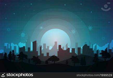 Beautiful Night City Building New Year Celebration Card Vector Illustration