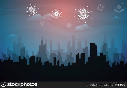 Beautiful Night City Building New Year Celebration Card Vector Illustration