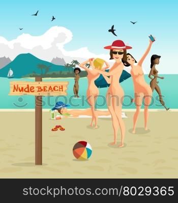 Beautiful nude women at the seaside. Group of women bathing and swimming on the nudist beach. Vector flat cartoon illustration people sunbathing on the private beach