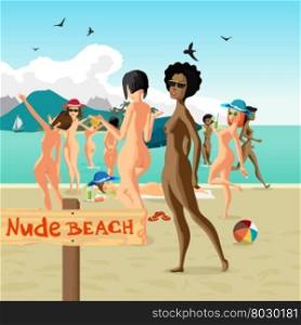 Beautiful nude women at the seaside. Group of women bathing and swimming on the nudist beach. Vector flat cartoon illustration people sunbathing on the private beach