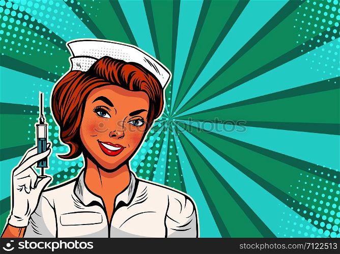 Beautiful nurse with a syringe for vaccination. Medicine and health care. Pop art retro vector illustration