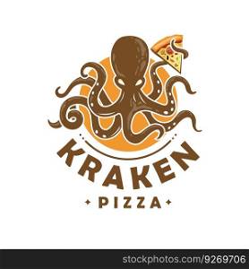 Beautiful Octopus holding pizza, Stylized image of Octopus isolated logo template