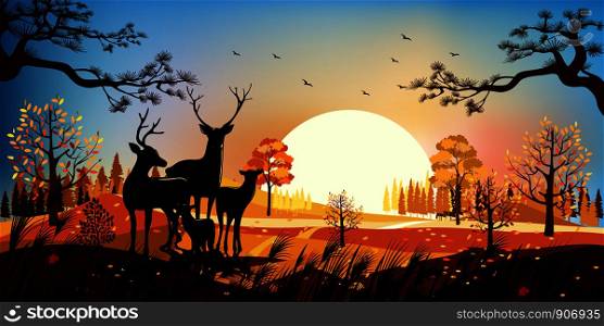 Beautiful panorama landscapes of Autumn forest with bright light on sunny day, Vector illustration of autumn landscape mountains and maple leaves falling with rain deer family, Natural background