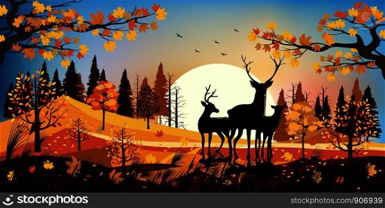 Beautiful panorama landscapes of Autumn forest with bright light on sunny day, Vector illustration of autumn landscape mountains and maple leaves falling with rain deer family, Natural background
