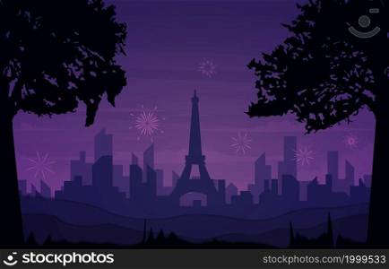 Beautiful Paris Night City Building New Year Card Vector Illustration