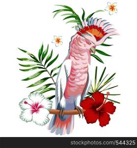 Beautiful parrot macaw with tropical plants and flowers white background