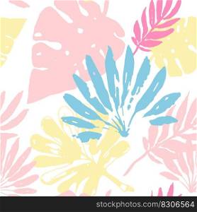 Beautiful pattern of tropical leaves freehand drawing. Sketch of leaves of monstera and other tropical plants delicate yellow and pink shades EPS8 vector illustration