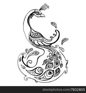Beautiful peacock. Decorative Hand drawn illustration isolated.