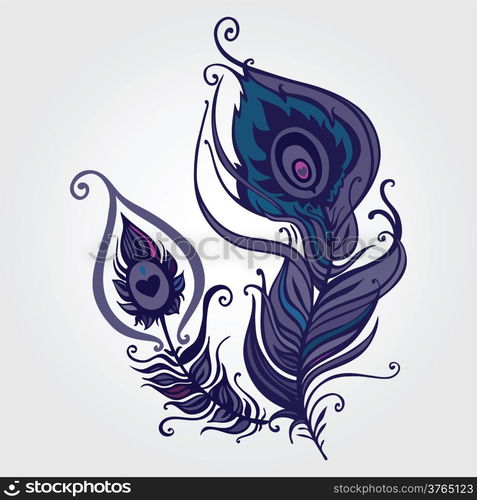 Beautiful peacock feather. Hand Drawn vector illustration