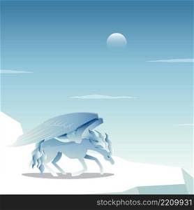 Beautiful Pegasus Winged Horse Kneel on Frozen Ice Snow Cool Epic Illustration