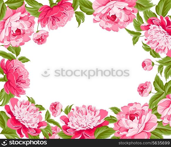 Beautiful peonies with bright frame. Vector illustration.