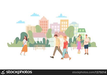 Beautiful people walk along the street in the background with buildings and trees. Vector urban style of a busy street. The architecture of the building. The concept of lifestyle.