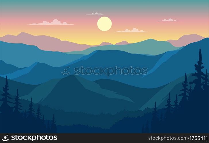 Beautiful Pine Forest Mountain Panorama Landscape Flat Illustration