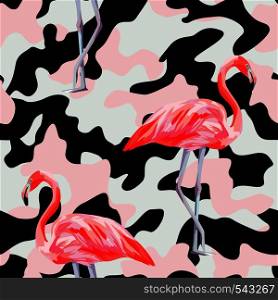 Beautiful pink flamingo print on camo background. Seamless vector pattern. Decorative trendy nature wallpaper