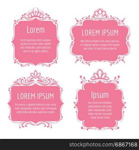 Beautiful pink frames with princess crowns. Beautiful pink borders with queen tiaras or frames with princess crowns isolated on white for little girl birthday invitation or wedding card