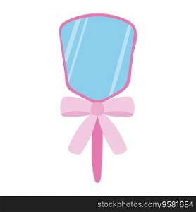 Beautiful pink hand mirror with ribbon. Cartoon vector illustration on white background