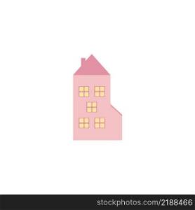 Beautiful pink house on a white background. Funny children’s vector cartoon illustration. Logo design, Wallpaper for children’s room, coloring, illustration for a book.