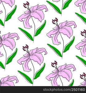 Beautiful pink lily. Floral seamless pattern. Vector illustration.