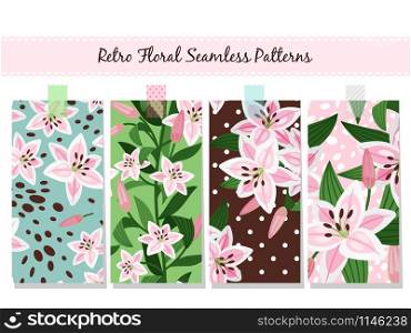 Beautiful pink lily patterns with different backdrop collection. Vector illustration. Beautiful pink lily pattern set