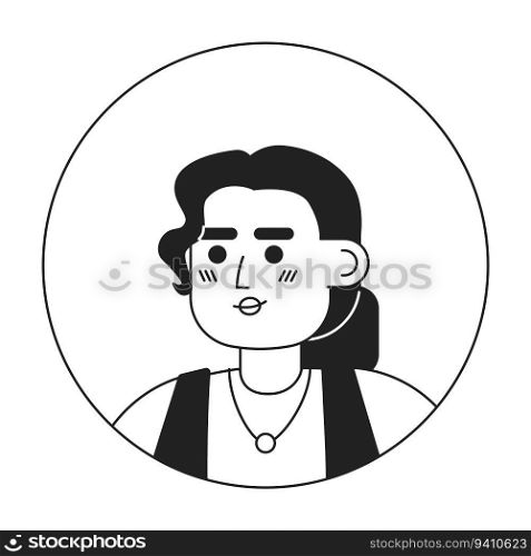 Beautiful positive young woman monochrome flat linear character head. Red hair and curly bangs. Editable outline hand drawn human face icon. 2D cartoon spot vector avatar illustration for animation. Beautiful positive young woman monochrome flat linear character head