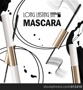 Beautiful Poster for the promotion of cosmetic premium mascara product. Cosmetic ads for packaging with liquid smear ink elements. Design of New Product. 3d Vector Illustration