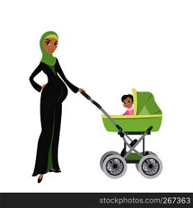 beautiful Pregnant Muslim woman with a baby in pram,isolated on white background,stock cartoon vector illustration. beautiful Pregnant Muslim woman with a baby in pram