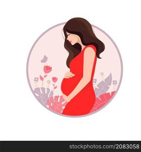 Beautiful pregnant woman, Happy pregnant woman holds her belly with Decorated beautiful leaves background Vector illustration.
