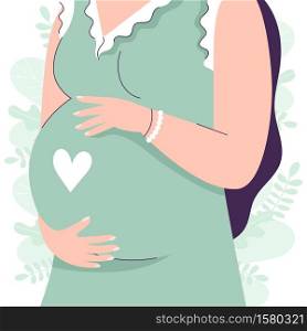 Beautiful pregnant woman in full growth holds hands on her belly. Gentle vector illustration of a female character. The concept of expecting a baby, pregnancy, motherhood.