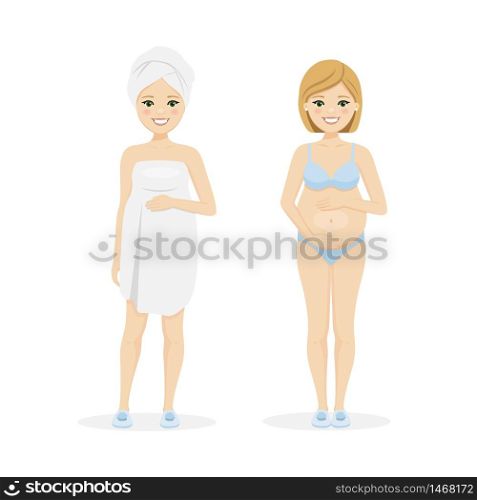 Beautiful pregnant woman in underwear and after shower. Isolated vector illustration