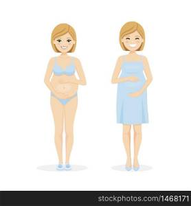 Beautiful pregnant woman in underwear and dress. Isolated vector illustration